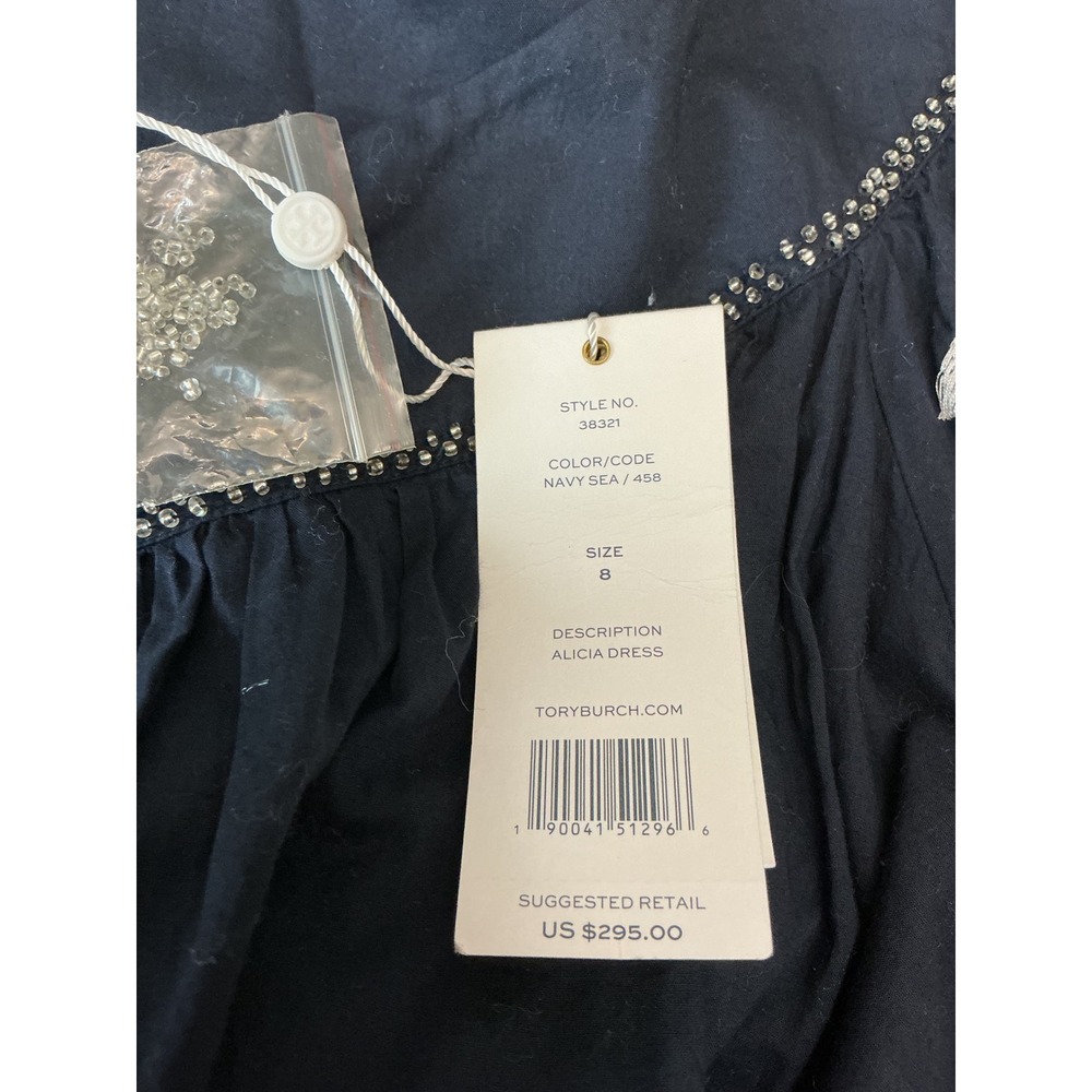 Tory Burch Alicia Dress Navy Sea Embroidered Cotton Mini Tassel Belt 8 NEW 38321 - Picture 12 of 14